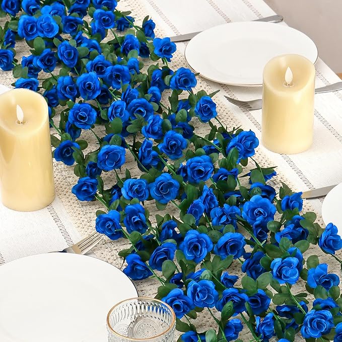 KHOYIME 9 Pack 72 FT Artificial Flower Garland, Fake Blue Roses Vines Silk Flowers Faux Plastic Outdoor Hanging Floral Ivy Garland Decoration for Wedding Arch Bedroom Home Wall Backdrop Room Decor