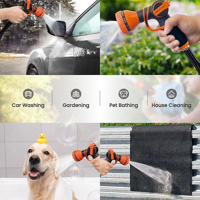 Giraffe Tools Garden Hose 75FT Lightweight Lay Flat Water Hose Kink Free Flexible Hose with 9 Spray Function Nozzle(Black)