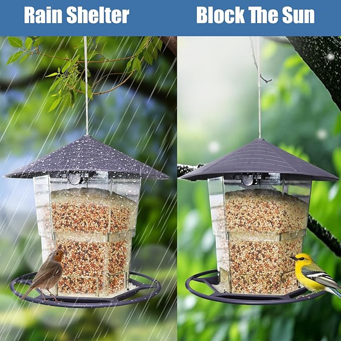 Bird Feeders for Outside, Adjustable Feeder with Sturdy Wire and Roof, Plastic Birds Feeder for Garden, Backyard, Terrace