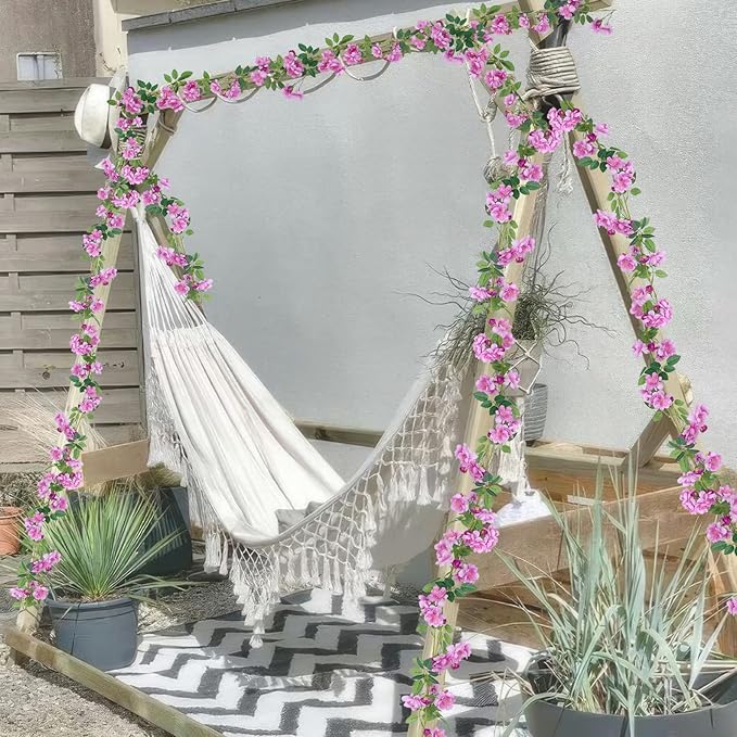 2 Pcs Artificial Flowers Garland for Outdoors Purple Faux Gardenia Garland 12Ft Silk Rose Hanging Vines Floral for Wedding Arch Party Wall Garden Ceremony Backdrop Fence Spring Decor