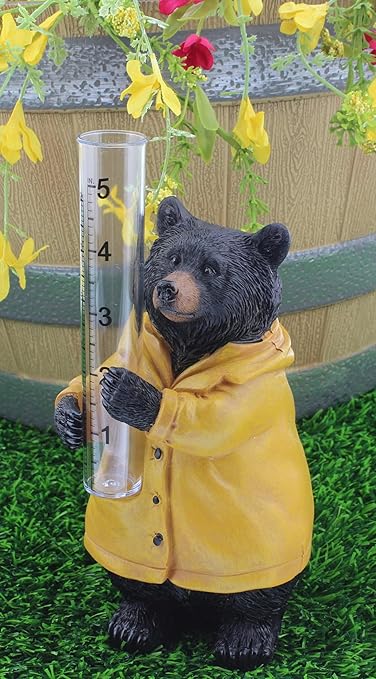 The Bridge Collection 7" Black Bear Weather Rain Gauge - for Patio, Porch, Garden - Resin Bear With Yellow Rain Coat - Cabin Decor