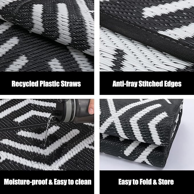 HUGEAR RV Outdoor Rug Waterproof Mat Outdoor Rugs 9'x12' for Patios Clearance Carpet Outdoor Camping Rugs Large Plastic Straw Rug(8x10ft Geometric Black&White)