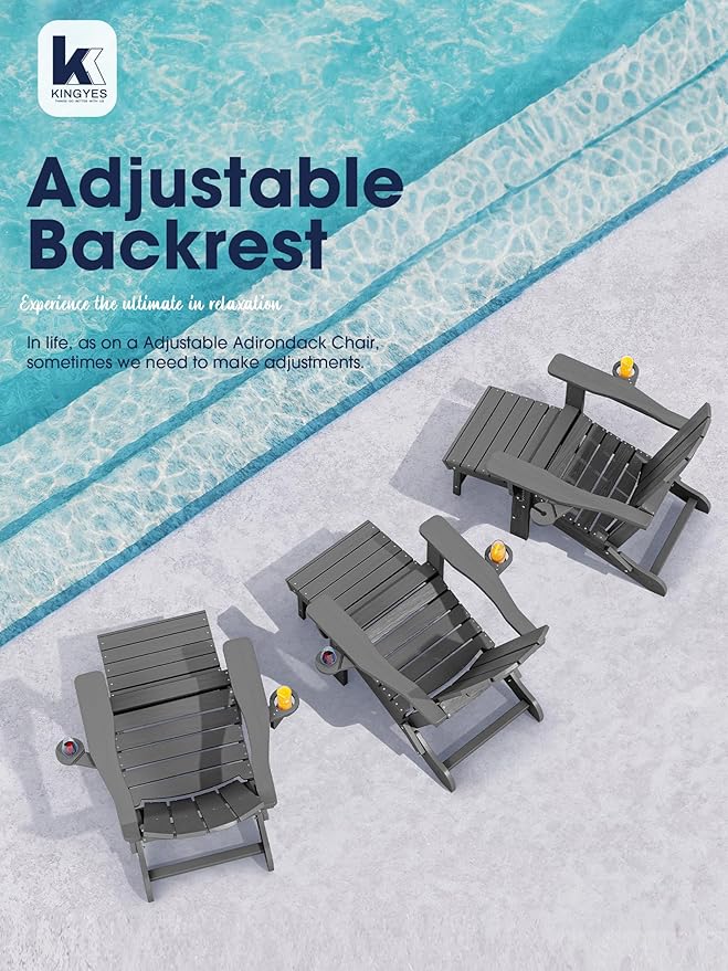 KINGYES Folding Adjustable Adirondack Chair with Ottoman & 2 Cup Holders Set of 4, HDPE Adirondack Recliner Chair with Footrest, Grey