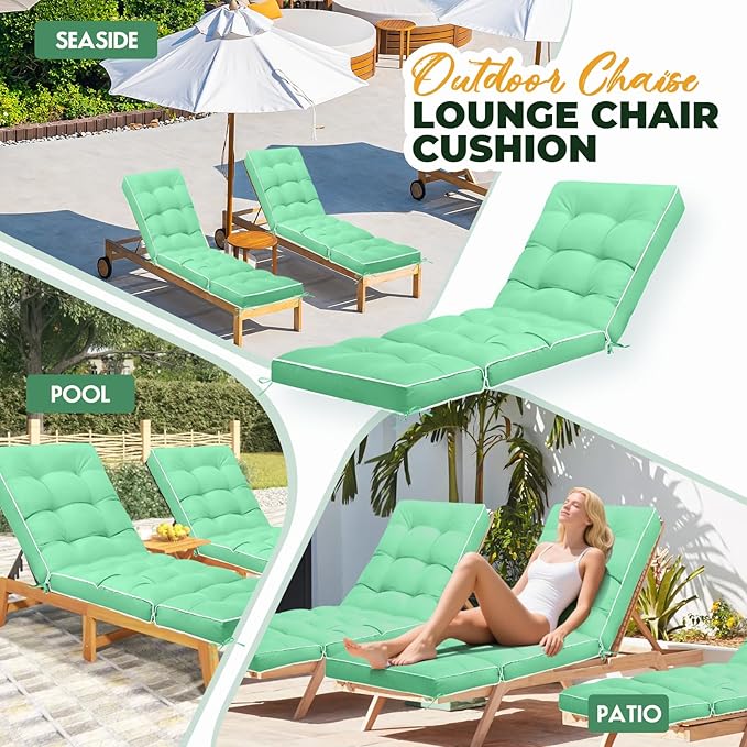 Outdoor Chaise Lounge Chair Cushion, Waterproof Non-Slip Patio Chaise Lounge Cushions for Outdoor Furniture, Thickened Patio Pool Lounger Chair Cushion, 76.4 x 22.8 x 4.7 Inches, Cyan