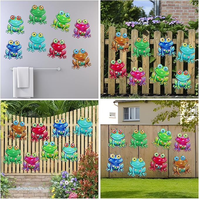 Junware Metal Frog Wall Decor, 8 Pcs Frogs Wall Art Sculptures Hanging Sculpture Decoration, Outdoor Fence Arts for Home Garden, Fence, Patio, Yard, Bedroom Outside Gifts for Adults