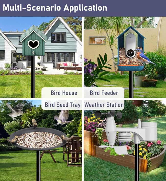 105 Inch Smart Bird Feeder Pole with 5-Prong Base, Adjustable Bird House Pole Mount Kit for Outdoors, Heavy Duty Bird Feeder Stand for Wild Birds Watching, Black
