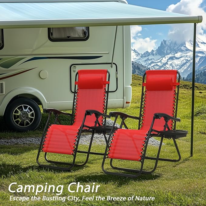 Zero Gravity Chairs, Portable Folding Reclining Lounge Chairs with Adjustable Pillow and Cup Holder Trays for Outdoor, Patio, Beach, Camping, Garden, Poolside, Sun Red