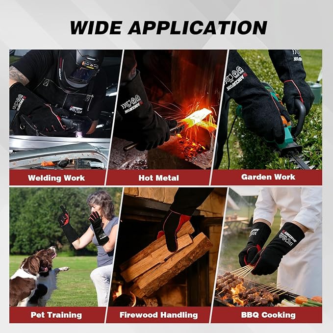 ARCCAPTAIN Leather Forge Welding Gloves, Heat/Fire Resistant 16 inches Gloves for Stick,Mig,Tig,Forge,BBQ,Grill,Fireplace,Wood Stove,Furnace,Oven,Pot