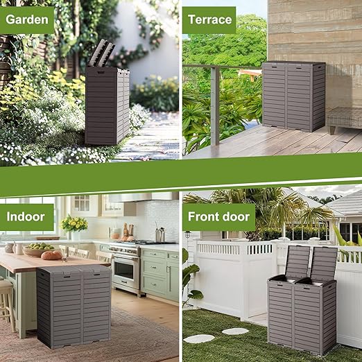 62 Gallon Outdoor Double Trash Can, Waterproof Trash Can Cabinet for Outside, Resin Garbage Bin with Lid and Drip Tray for Easy Cleaning for Patios, Kitchens, and Outdoor Entertaining(Light Gray)