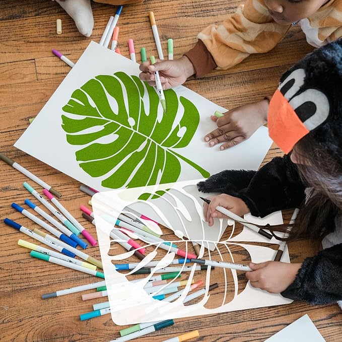 6PCS Large Leaf Stencils for Painting on Walls 16 x 12 Inch Plant Stencil with Brushes Palm Leaf Wall Stencil Tropical Leaves Stencils Plastic Drawing Templates for Wall Furniture Fabric