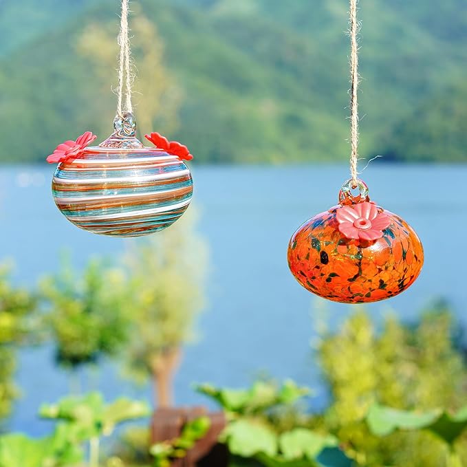 2pcs Small Blown Glass Hummingbird Feeders for Outdoors 3.2in Hanging Glass Humming Bird Feeders for Window Patio Decor with 2 Flower Feeding Ports