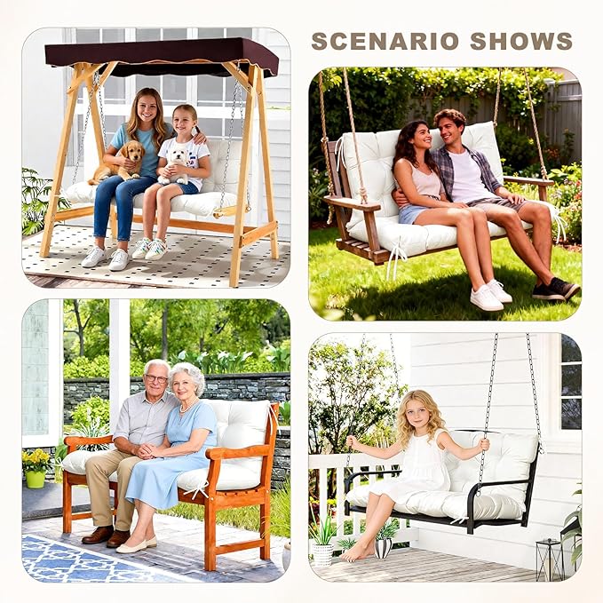 Porch Swing Cushion with Backrest,Waterproof Bench Cushion for Outdoor Furniture,2-3 Seater Replacement Thickened Swing Cushion with Ties,Patio,Outdoor,Backyard and Garden (Cream,47x40)