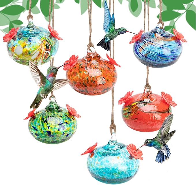 DECOHS Decorative Hummingbird Feeders for Outdoors Hanging with 6 Flower Feeding Ports, Leak Proof Fence Hand Blown Glass Humming Bird Feeders with Shepherd Hook for Window Garden Patio Fence Decor