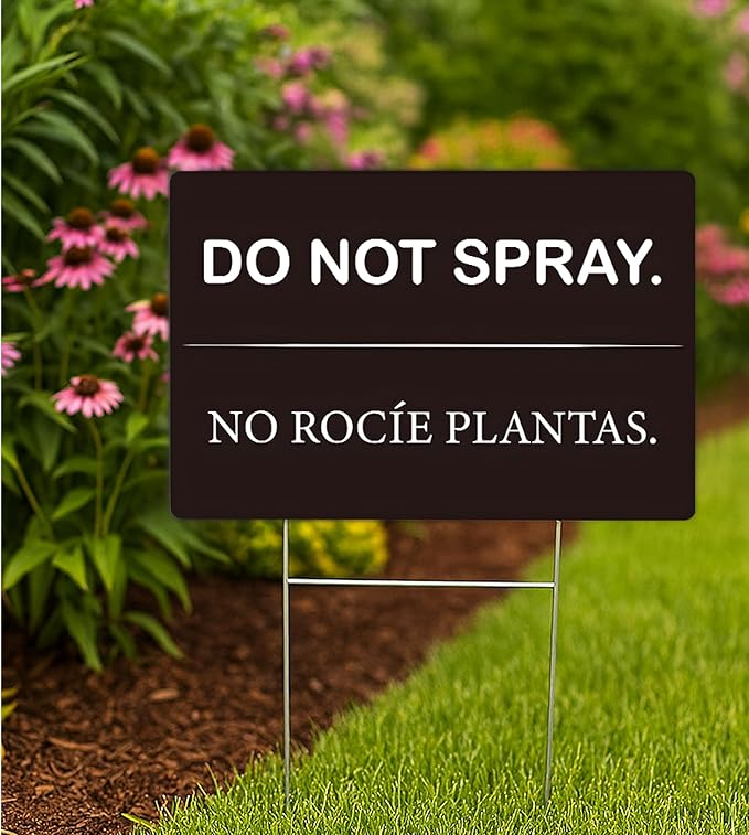 Set of 3 Do Not Spray Yard Black Sign with Metal Stake 12x8 Inches - No Podar Las Plantas Signs for Outdoor or Indoor - Double Sided Bilingual Plant Sign or Plastic Garden Signs