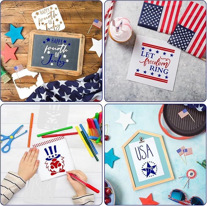 Patriotic Stencils, 24 PCS Reusable 4th of July Stencils Independence Day Templates for Painting American Flag Scrapbooking Wall Floor Home Decor DIY Rock Painting Art Projects 3 x 3 Inch