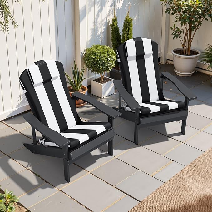 Crestlive 50x20 Inch Adirondack Chair Cushion with Headrest, Water Repellent, Fade Resistant, High Back Outdoor Rocking Chair Cushion for Patio, Black White Stripe