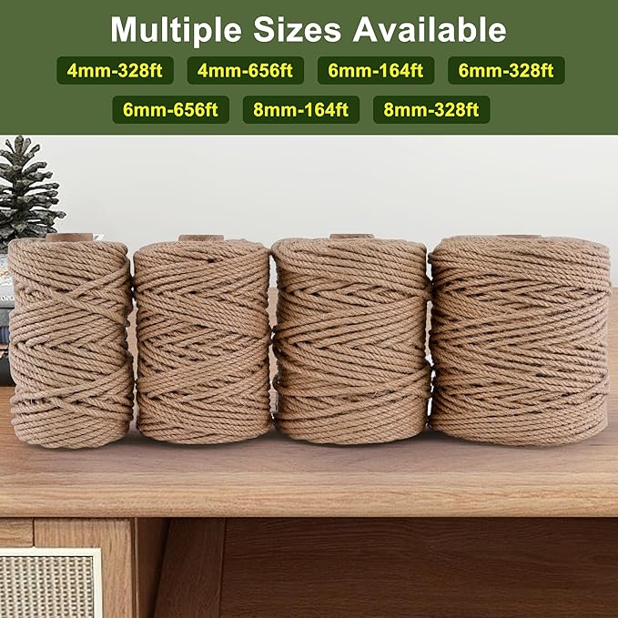 Natural Jute Twine 328ft 8mm,4Ply Twisted Thick Twine Rope Strong Jute String Roll for Crafts Gift Wrapping Gardening Home Decor Bundling Cat Scratching Post