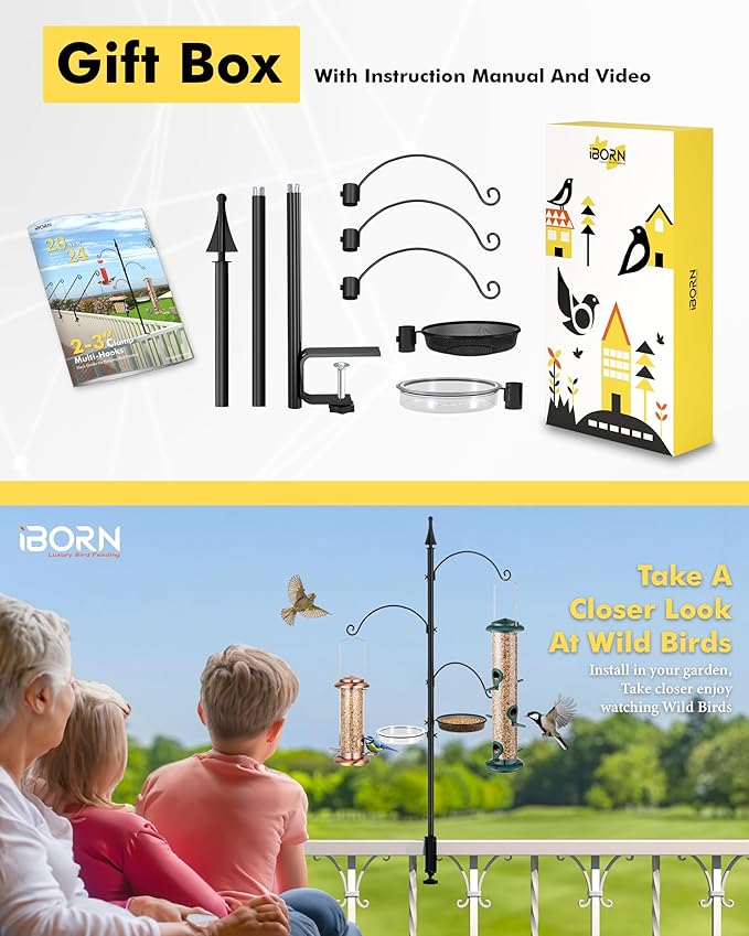iBorn Shepherds Hooks for Outdoor Clamp On Deck Hook for 45“ Bird Feeder Hangers for Deck Railing Humming Bird Feeders Hanging Tri-Hooks+Feeder Trays 2024 Upgraded (Feeders are Not Included)