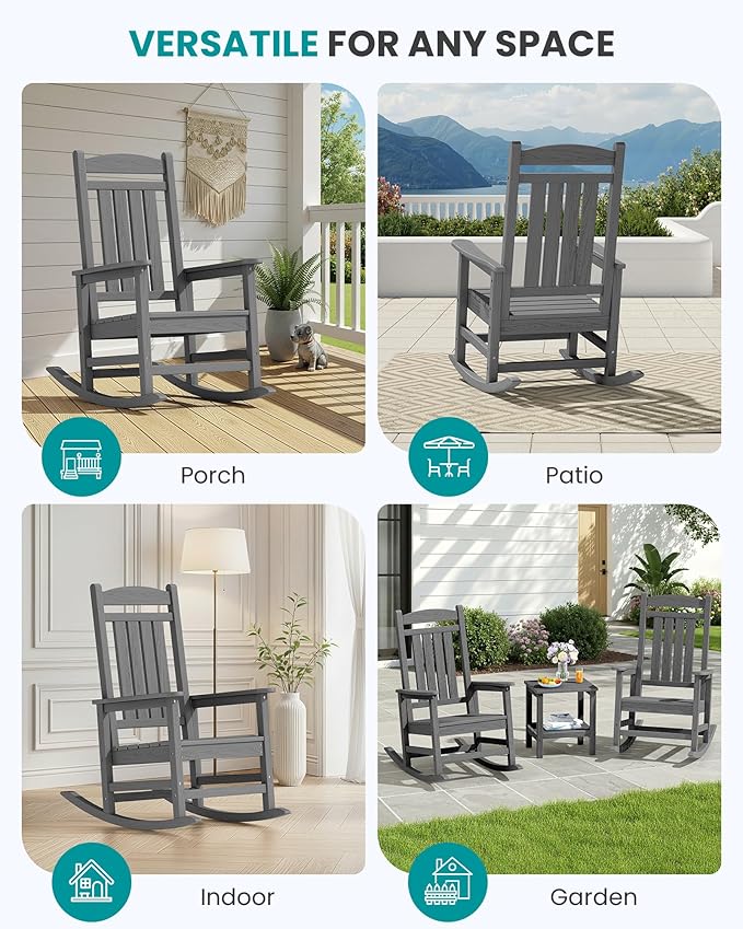 SERWALL Outdoor Rocking Chair Set of 2, HDPE Patio Rocking Chair, All-Weather Porch Rocker for Balcony, Yard, Dark Gray