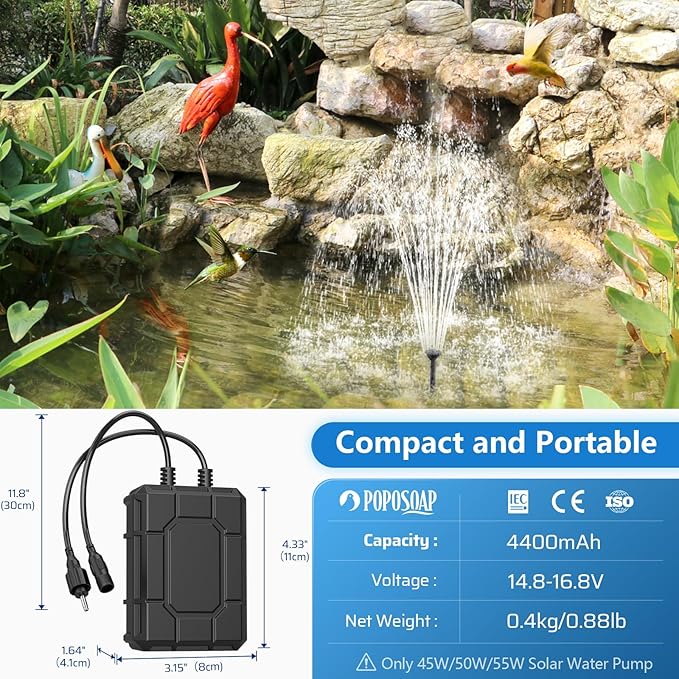 POPOSOAP 4400mAh Battery Backup for Solar Fountain Pump, 14.8V-16.8V Battery Backup Solar Water Fountain Only for 50W/55W/70W Solar Water Fountain Pump Kit