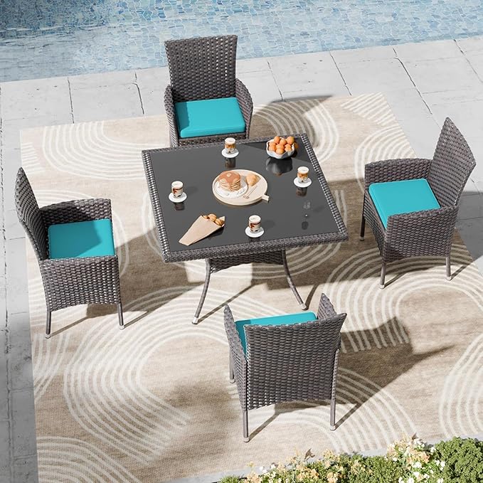 Kullavik 5-Piece Outdoor Dining Set Patio Rattan Furniture Set,Patio Dining Table and Chairs Set with 4 Chairs and Cushions,Square Glass Tabletop with Umbrella Hole for Patio,Blue