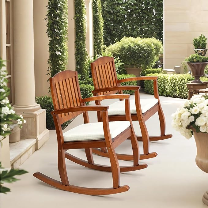VINGLI Wooden Rocking Chair with Cushion,Outdoor Indoor Rocking Chair Supports Up to 450 lbs,Chair with Comfortable Backrest for Patio, Porch, Balcony (1, Teak)