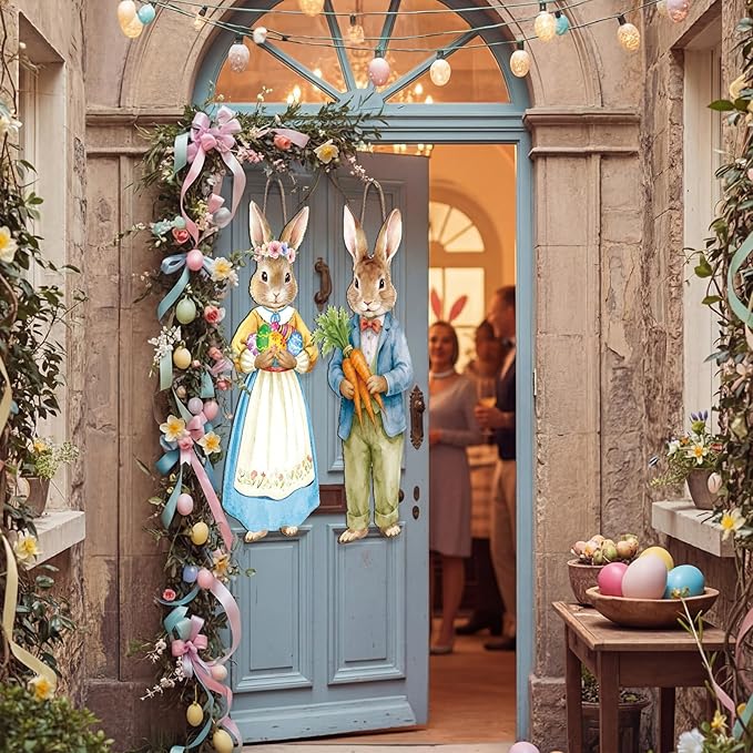 Thyle 2 Pcs Large Easter Bunny Hanging Sign 32.3 x 12.2 Inch Easter Wooden Front Door Decorations Rabbit Egg Carrot Hanger Porch Sign for Spring Outdoor Indoor Home Wall Decor