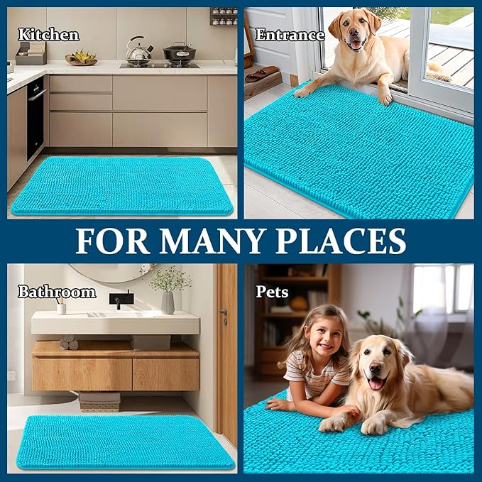 OLANLY Dog Door Mat for Muddy Paws 36x24, Absorbs Moisture and Dirt, Absorbent Non-Slip Washable Doormat, Quick Dry Chenille Mud Mat for Dogs, Entry Indoor Entryway Carpet for Inside Floor, Aqua Blue