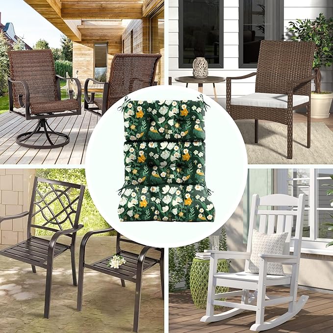 Outdoor/Indoor High Back Chair Cushion, Waterproof Outdoor Rocking Chair Cushion with Ties, Tufted Replacement Seat Cushions for Outdoor Furniture, Green Floral