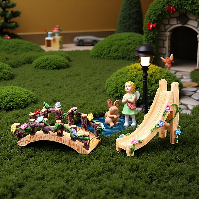 Kai Dream Miniature Fairy Garden Accessories Set, 2 Piece Resin Decorative Landscape Kit with Bridge and Slide, Floral Garden Ornaments