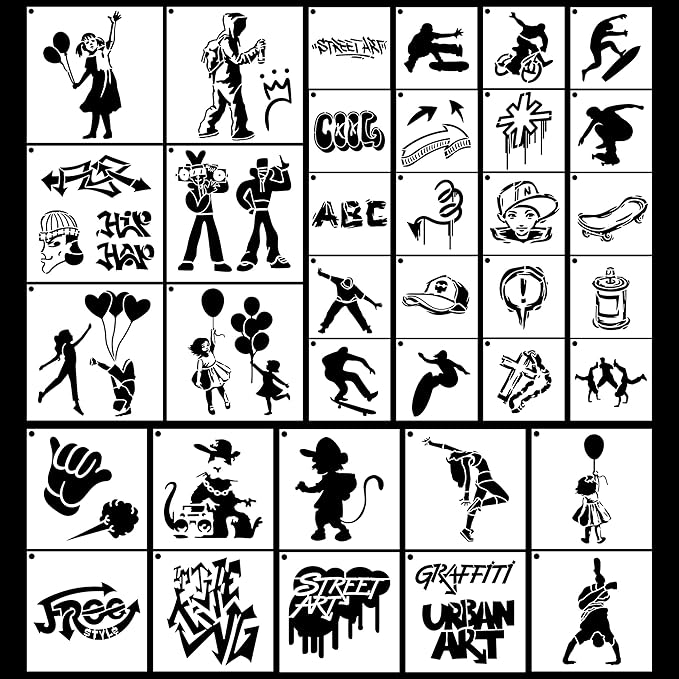 Graffiti Stencils - 36 Pcs Reusable Street Art for Painting on Wood, Wall, Canvas, Rock, Skateboard - Doodle and Spray Painting Stencils