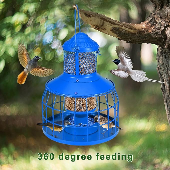 Squirrel Proof Bird Feeders, Metal Wild Bird Feeders for Outdoors Hanging, 3.5LB Heavy Duty Caged Squirrel Proof Bird Feeders, Chew-Proof, Weather Resistant, Patio Backyard Garden Decor (Blue)