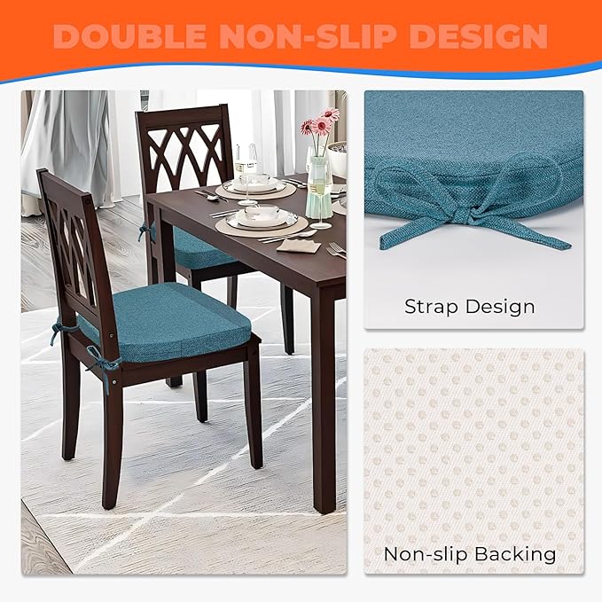 Chair Cushions for Dining Chairs, D-Shaped Seat Cushions with Removable Washable Cover and Ties, Chair Pads for Kitchen, Indoor Dining Room, Patio Chairs, 17'' x 16'', Set of 4, Blue