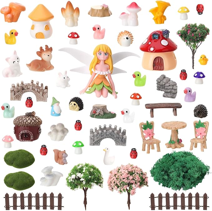 54 Pcs Fairy Garden Accessories, Mini Resin Animals Figures, Miniature Table and Chairs, Bridge, Fence, Fairy House Kit with 50g Artificial Moss for DIY Craft Landscape Bonsai Glass Container
