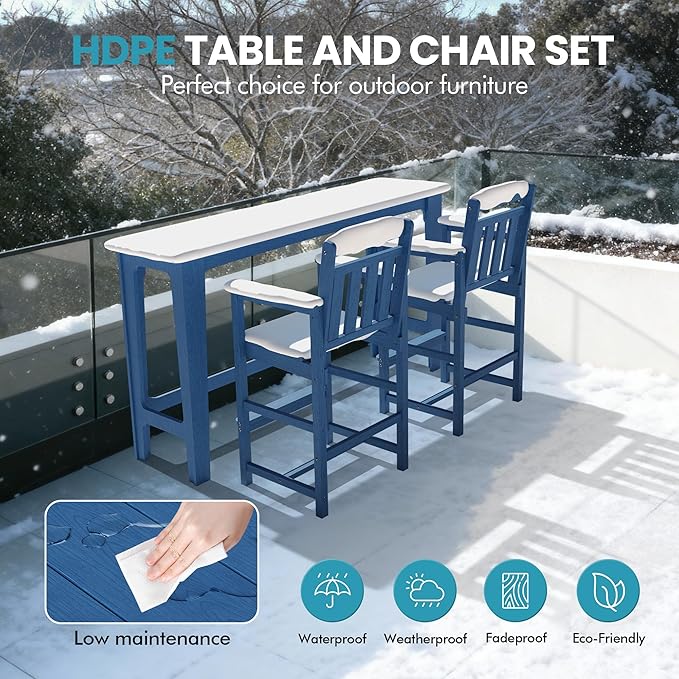 Ciokea 3 Pcs Outdoor Bar Height Table Set, 60" Extra Long Rectangle High Top Table and 2 Oversized Adirondack Chairs, Heavy-Duty All-Weather HDPE Patio Bar Set for Backyard Balcony Deck, Navy Blue
