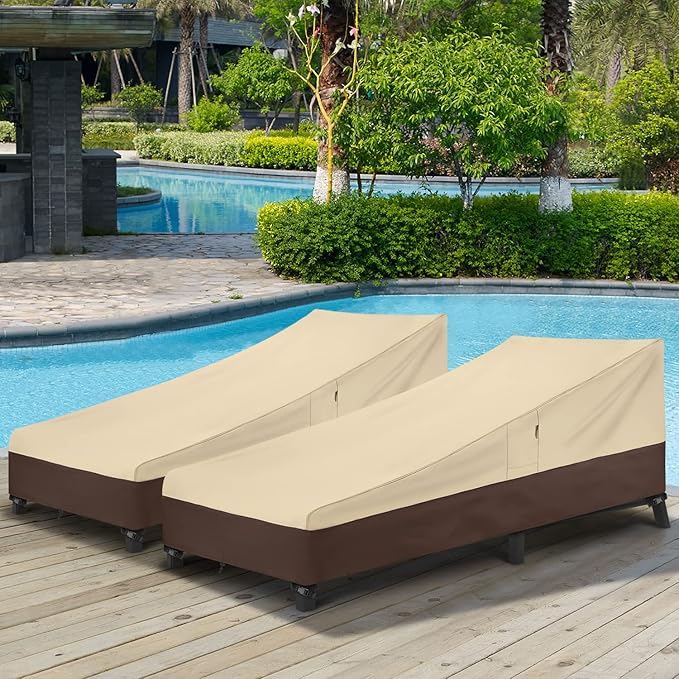 Arcedo Outdoor Lounge Chair Covers 2 Pack, Heavy Duty Waterproof Patio Chaise Lounge Cover for Garden Furniture, Protect Your Pool Chairs in Winter, 76"L x 30"W x 25"H, Beige and Brown