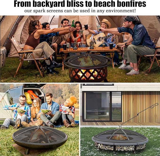 Fire Pit Spark Screen, 27Inch Fire Pit Lid Outdoor with Handle & Poker, Heavy-Duty Mesh Firepit Cove with 12 Reinforced Bars for Backyard/Beach/RV Camping