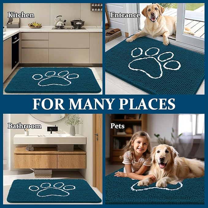 OLANLY Dog Door Mat for Muddy Paws 59x35, Paw Print Design, Absorbs Moisture and Dirt, Absorbent Non-Slip Washable Doormat, Quick Dry Chenille Mud Mat, Entry Indoor Entryway Carpet, Atlantic Blue
