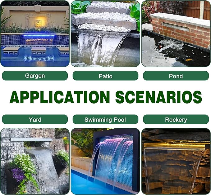 Pool Fountain, LONGRUN Waterfall Spillway for Koi Ponds - 23.6" Transparent Acrylic Waterfall Multi-Color LED Lights for Swimming Pool, Garden Pond, Patios, Spa Decoration