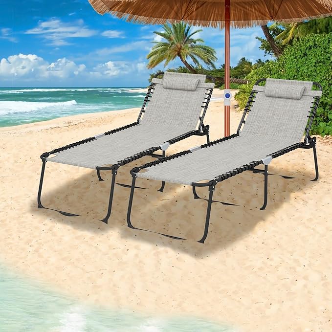 GYMAX Lounge Chair for Outside, 440lbs 27” Oversize Folding Beach Tanning Sunbath Chair with Adjustable Backrest & Removable Pillow, Lightweight Portable Patio Lounger for Lawn Poolside (1, Grey)