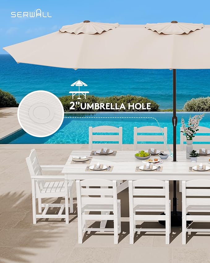 SERWALL 11 Piece Outdoor Dining Set, 84" HDPE Outdoor Table and Chairs for 10,All Weather Patio Furniture Set with Umbrella Hole for Backyard, Garden, White