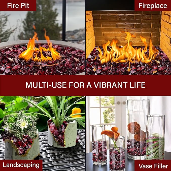 NUPICK 5 Pound Fire Glass, 1/2 Inch Shiny Fire Pit Glass, Tempered Firepit Glass Rock for Propane or Natural Gas, Glass Rocks for Fire Pit Table, Fireplace Glass for Landscaping, Red