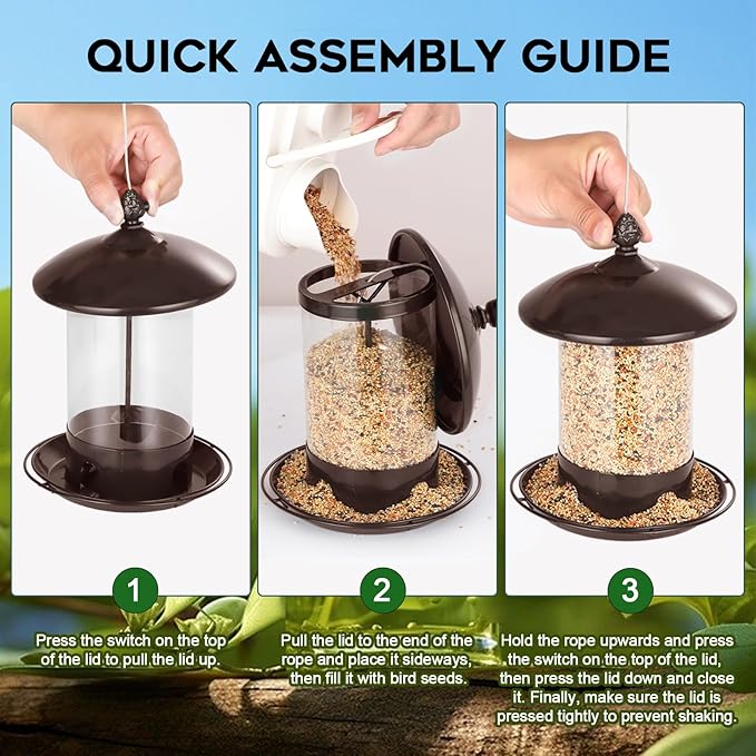 Metal Bird Feeders for Outdoors Hanging, Weather Resistant Wild Bird Feeder with 360 Degree Feeding Tray, Brown