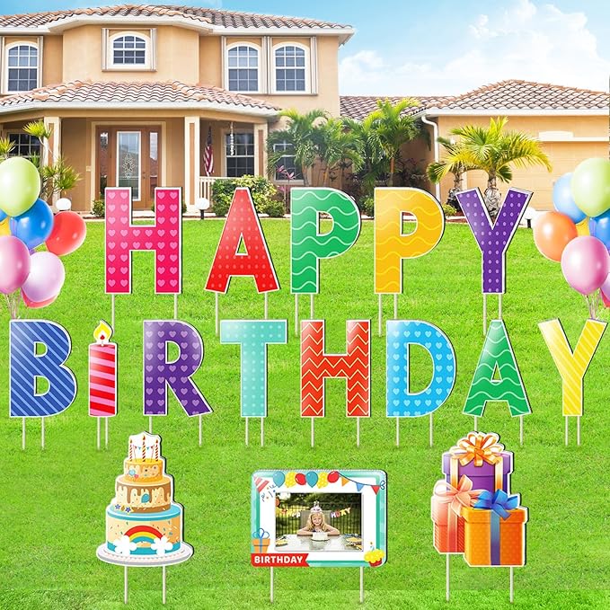Remiawy Happy Birthday Yard Sign with Stakes - 16pcs Happy Birthday Yard Sign, Personalized Yard Birthday Signs Colorful Weatherproof Birthday Lawn Sign for Outdoor Yard Decorations Garden Party