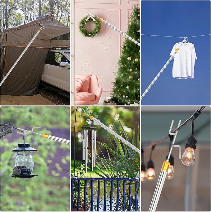 Clothes Hook Pole,29-71 Inch Adjustable Extension with Hook Bar.Suitable for Clothes Hanger Rod, Christmas light, Hanging Flowerpot Plants and Bird Feeder, Tent Shelter Camper Canopy (with two hooks)