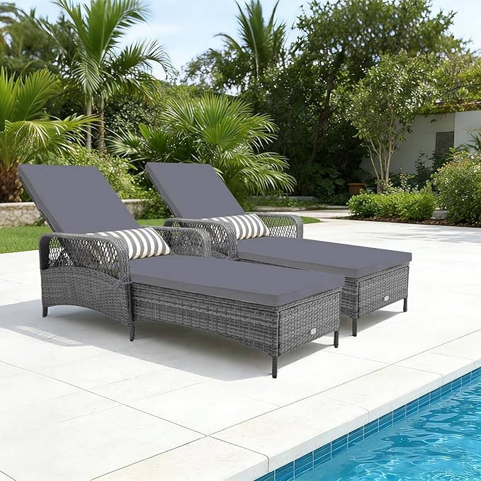 Tangkula Wicker Chaise Lounge Outdoor, Patio Rattan Reclining Chaise with 6-Gear Adjustable Backrest, Thick Padded Cushion & Removable Lumbar Pillow, Pool Lounge Chairs (1, Mix Grey + Grey)