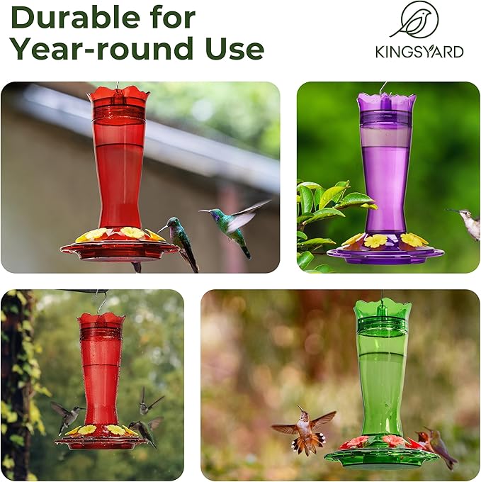 Kingsyard Glass Hummingbird Feeder for Outdoors Hanging - 6 Bee Guard Feeding Ports & Built-in Ant Moat, Wild Bird Feeder for Outside Garden Yard Patio 14 Oz, Purple