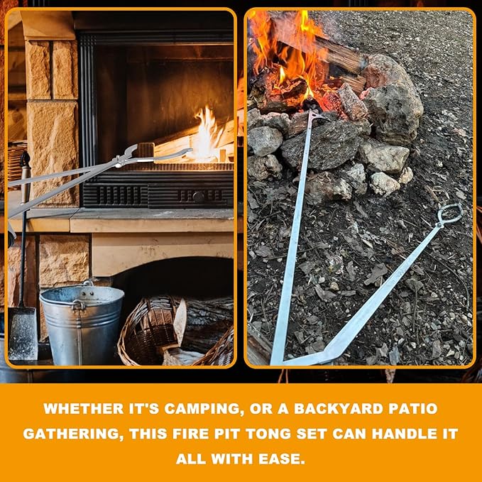 40" Fire Pit Tongs Set for Fire Pit, Fire Poker and Log Grabber FirePit Tool Accessories for Outdoor Campfires Backyard Picnic Picnic Indoor Accessories, Stainless Steel