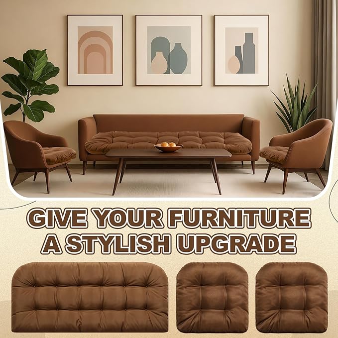 Barydat 3 Pack Wicker Furniture Cushions Waterproof Outdoor/Indoor Tufted Wicker Chair Cushions 1 Loveseat and 2 U-Shape Rattan Chairs for Patio Furniture, Rattan Love Seat, Bench(Brown)