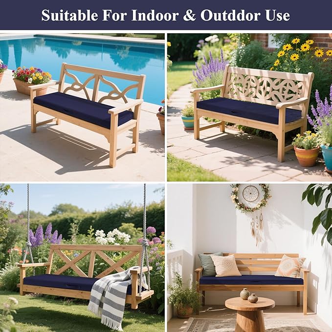 SHACOS Outdoor Bench Cushions 59 x 16 Inch, 3.2 Inch Thick High-Density Bench Cushion, Waterproof & Fade-Resistant Removable Cover with Ties, Bench Seat Cushions for Patio Garden Furniture, Navy